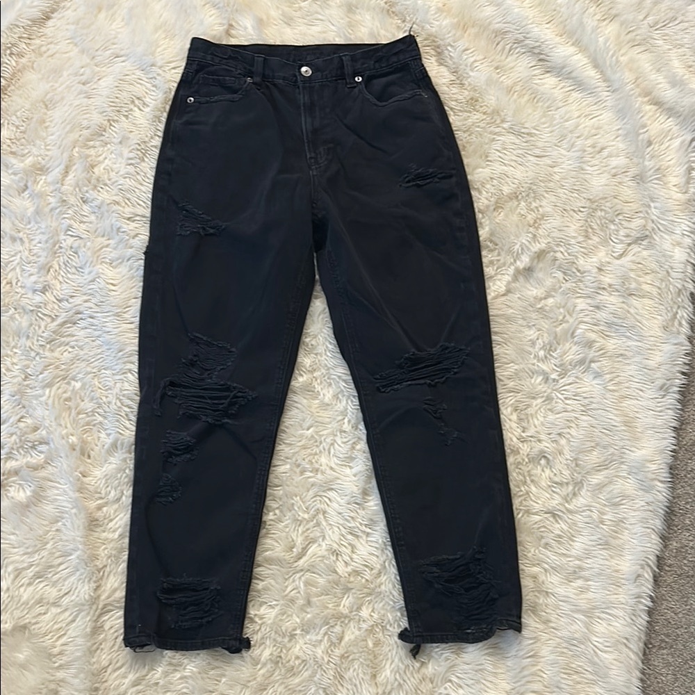 American Eagle Black Distressed Destroyed Mom Jeans Size 10
